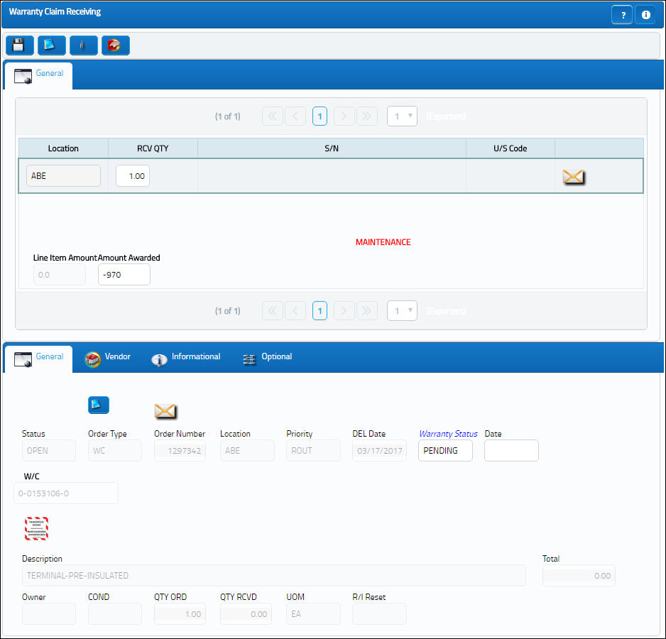 eMRO - Order Receiving Button, via Warranty Claim Order Detail (1)