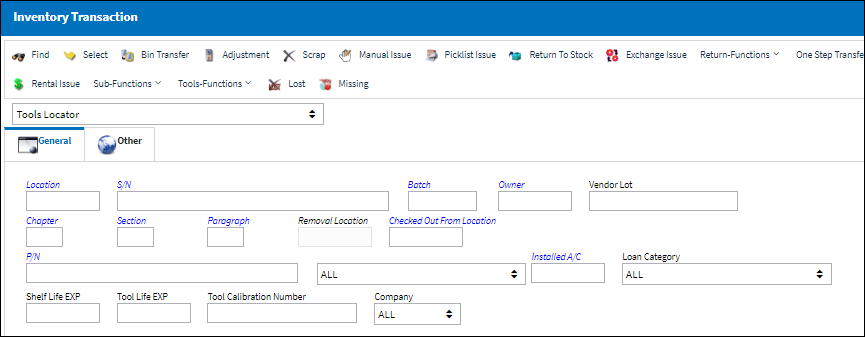 Inventory Transaction tool locator drop down
