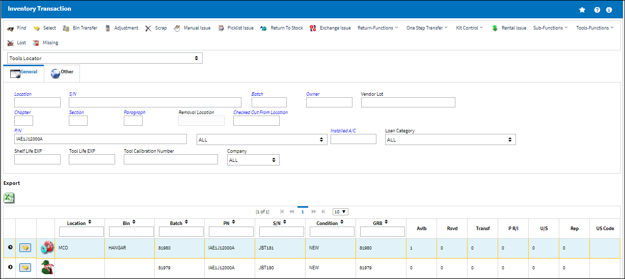 Inventory Transaction Tool Locator find View