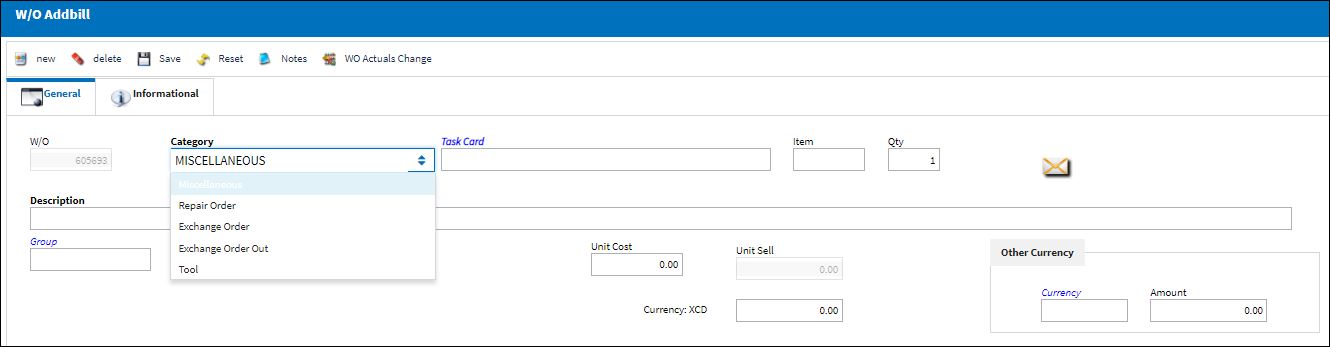 W/O Addbill Misc Customer Invoice