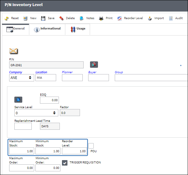 reoreq_1-2 Inventory levels are set