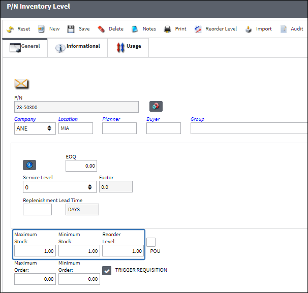 reoreq_1-4 Inventory levels are set
