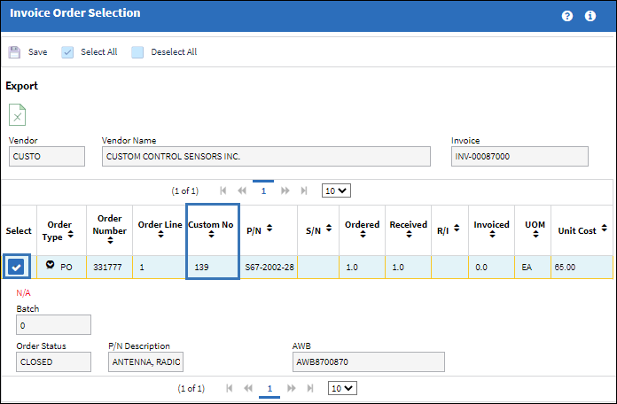 eMRO_Customs_Invoice_Selection