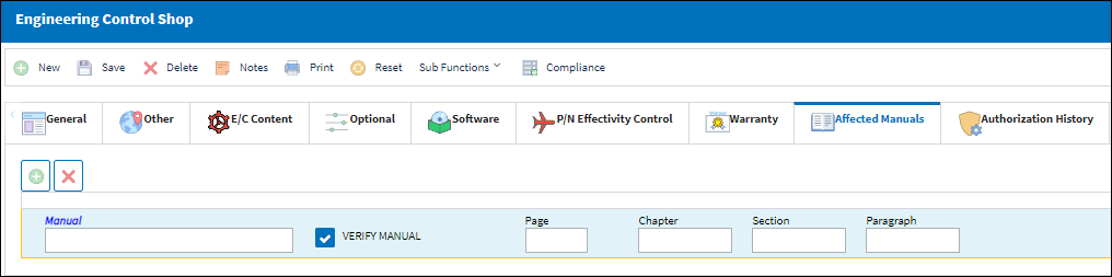 eMRO-Engineering Control Shop, Affected Manuals Tab-1