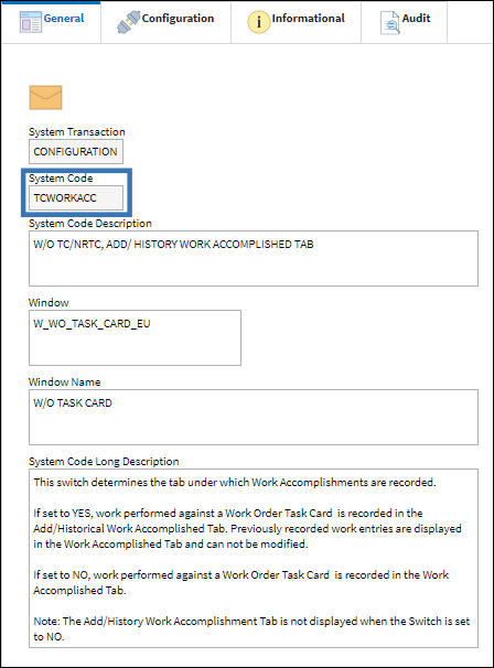 eMRO TCWORKACC code