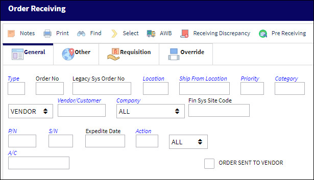 Order Receiving General Tab