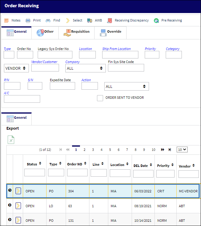 Order Receiving General Tab Search Results