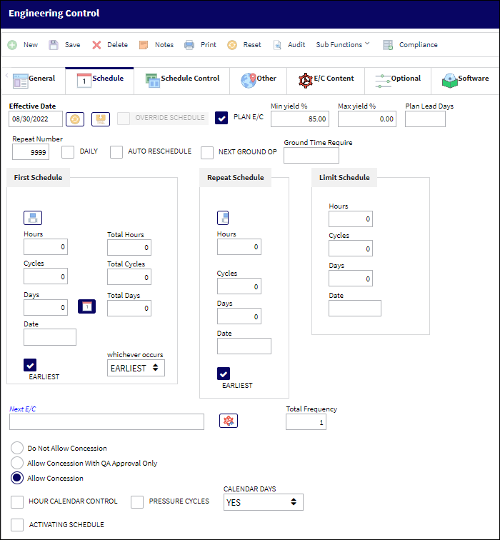 Engineering control schedule tab