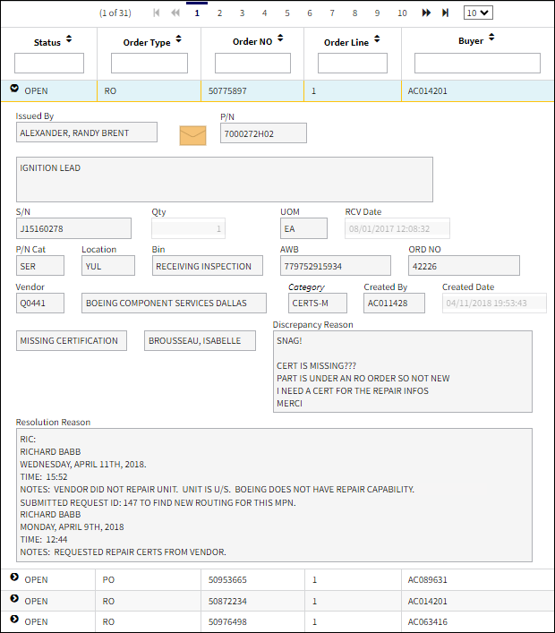 order receiving discrepancy in-line details